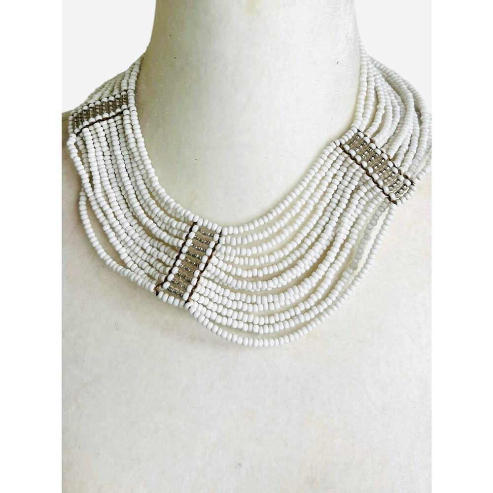 Wavy White Beaded Silver Beaded Sections Boho Multistrand Statement Necklace